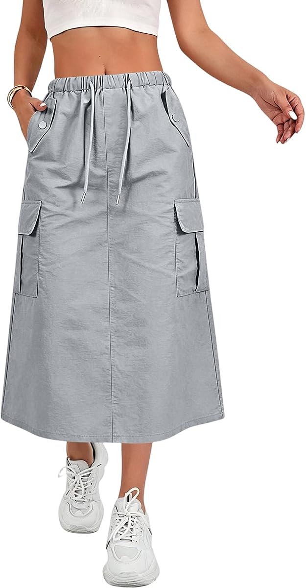 Cargo Skirts for Women Y2K Quick Dry Hiking Maxi Skirt Casual Drawstring High Waisted Parachute Skirts with Pockets
