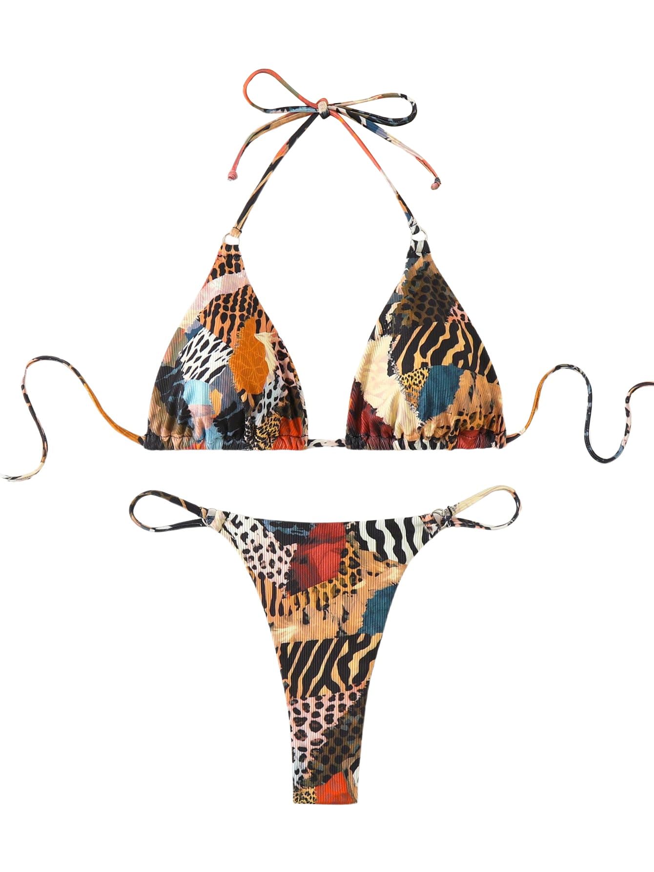 MakeMeChicWomen's Halter Tie Side Triangle High Cut Bikini Set Bathing Suit Swimsuit