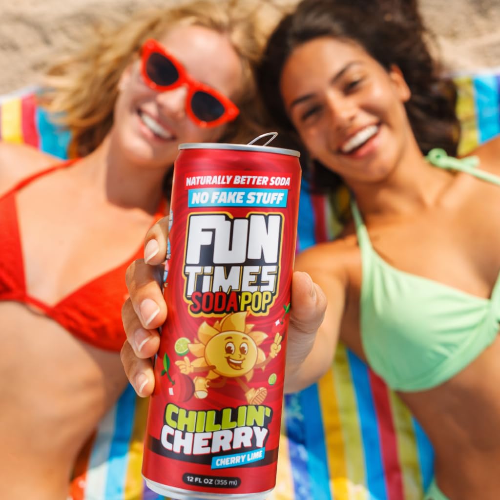 Fun Times Soda Pop Chillin' Cherry, 12 Pack (12 oz Soda Cans), Craft Soda with Real Cane Sugar, Carbonated Beverage with All Natural Flavors, Dye Free Soft Drinks