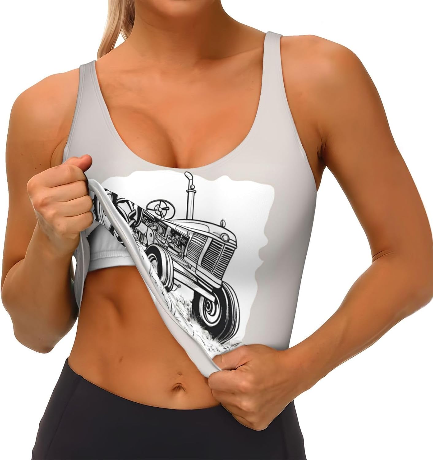 Cartoon Tractor Print Women's Sports Bra Tank Tops,Longline Sports Bras for Yoga,Workout and Running