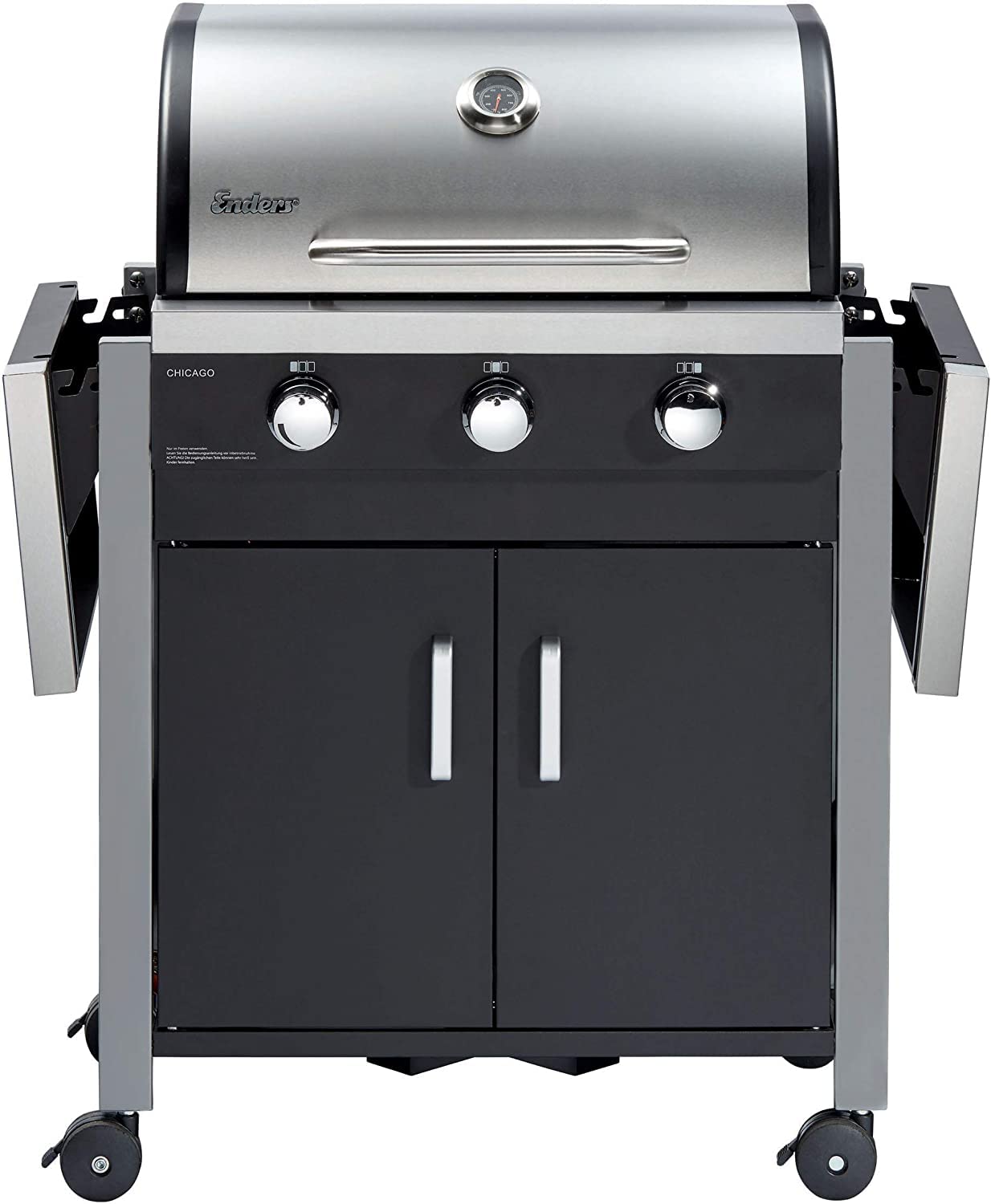 Enders Chicago 3 Barbacoa de gas, BBQ gas con 3 fuegos y parrilla de acero, Tapa de acero inoxidable con termómetro, mesas laterales plegables, para exterior, jardín, balcón, 30 mbar #8937633