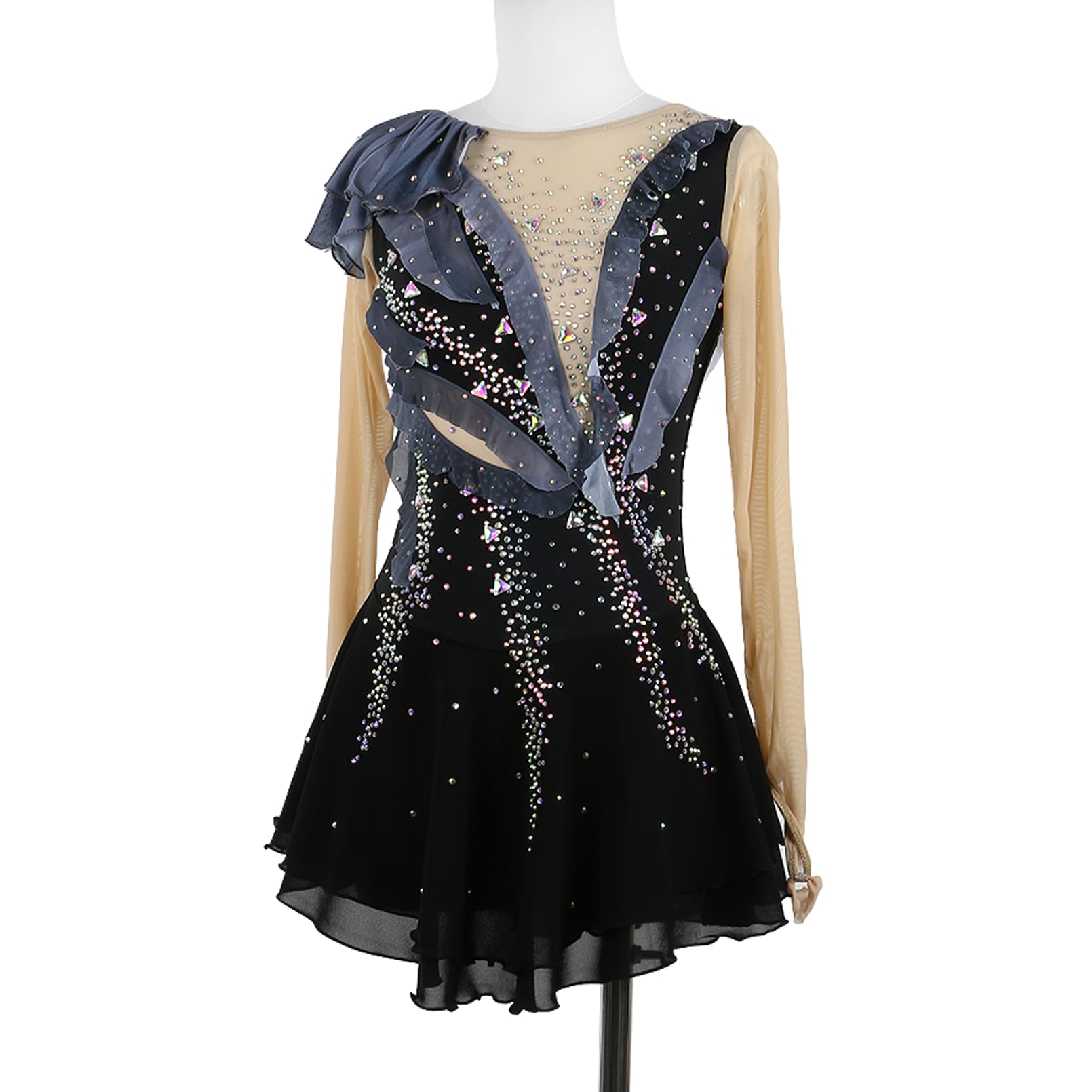 Vestido Patinaje Artístico Mujer Negra Manga Larga/Sin Mangas Pedrería Hecha a Mano Maillot Competición de Niña Vestido de Baile Latino