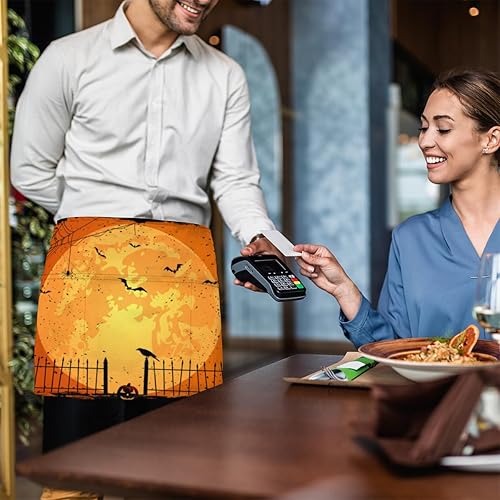 Miniatura 6 de Halloween Moon Pumpkins 3 Pack Server Aprons with 3 Pocket Waterproof Womens Half Waist Aprons for Cooking Dishwashing Kitchen Gardening Salon