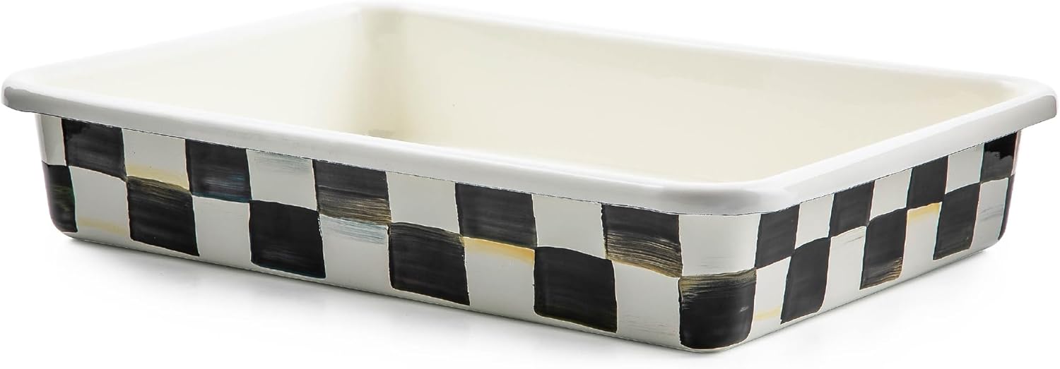 MACKENZIE-CHILDS Enamel Baking Pan for Oven, Rectangular Oven Pan, 13" x 9", Black-and-White Courtly Check