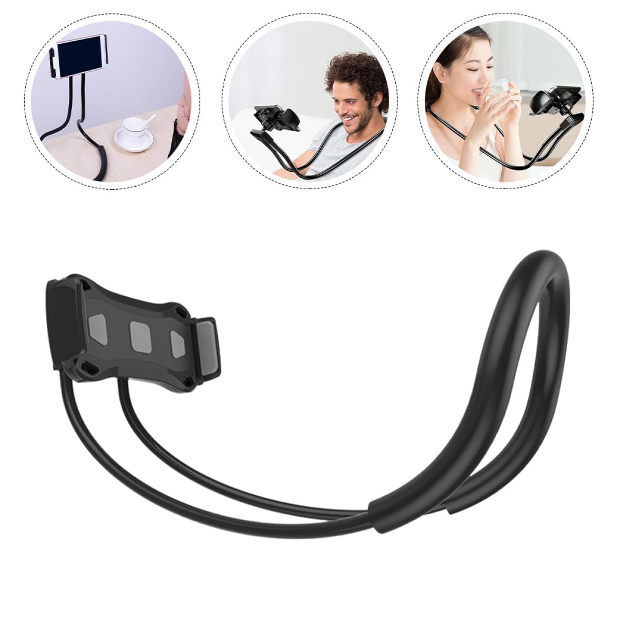 Uonlytech Soporte para Tableta Tipo Cuello Colgante Negro, Flexible y Giratorio, Material Aluminio- y Silicona, Cómodo Cuello y Uso en Casa