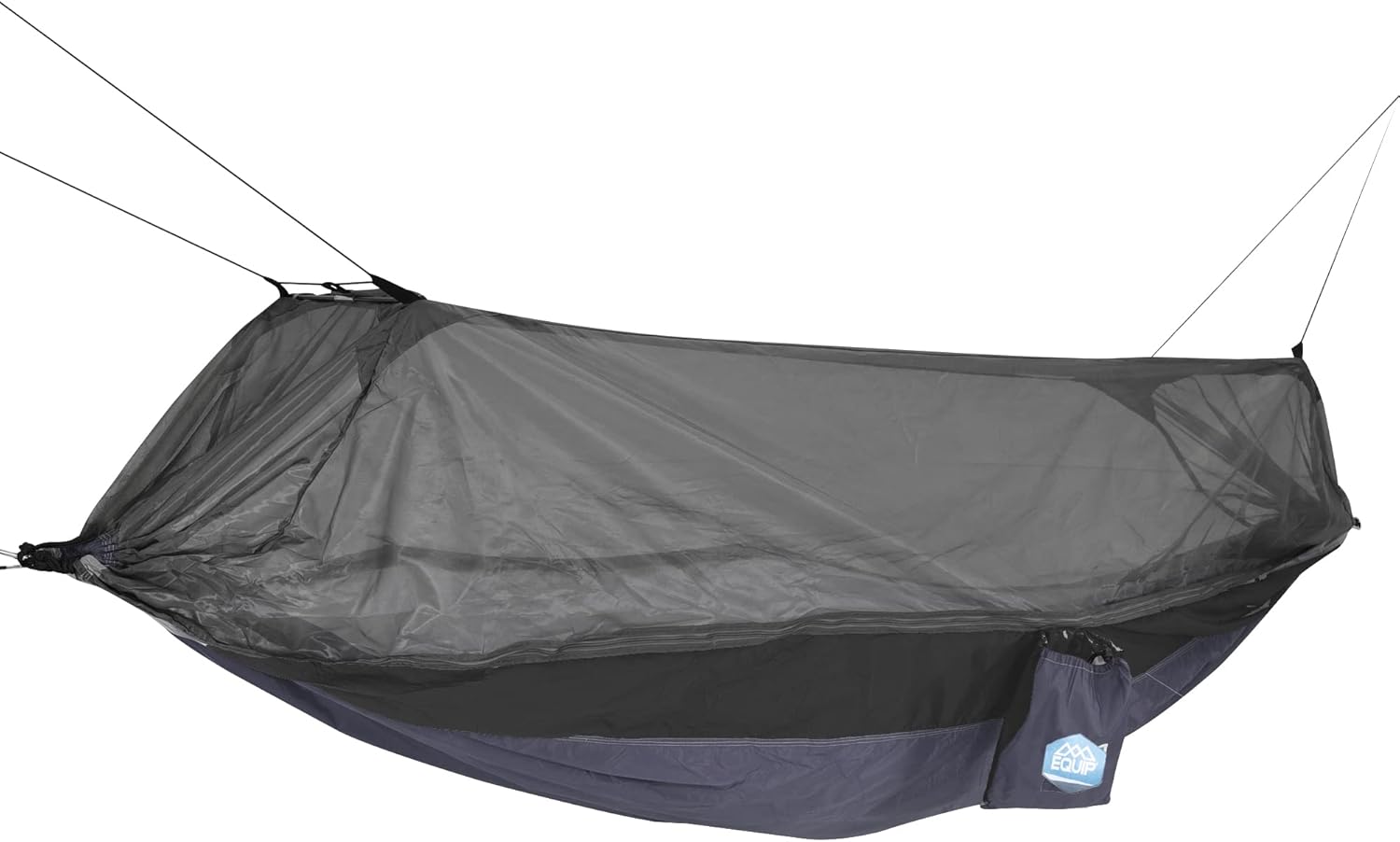 portable mosquito hammock with integrated bug net hanging between trees