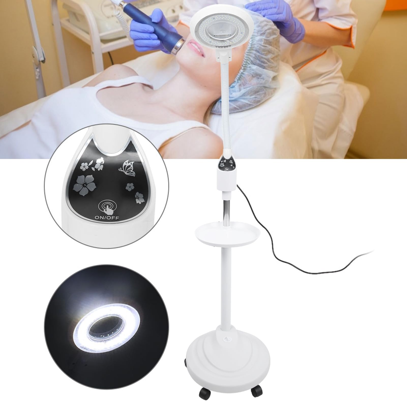 FILFEEL Lámpara de Belleza LED, lámpara de Tatuaje de Maquillaje con Brazo Giratorio Ajustable, lámpara de pie de Lupa 16X, lámpara de iluminación de protección Ocular(EU-Blanco)
