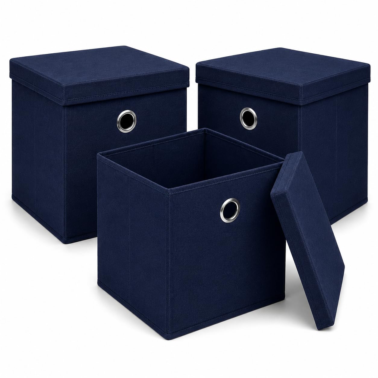 A406 Navy Set Of 3 Fabric Storage Cube Box With Lid, Foldable Fabric Storage Basket, Non-Woven Storage Organiser Bin With Handle For Clothes, Toys, Books, Shelves, Wardrobes & Home Storage (, 35X35x35cm)