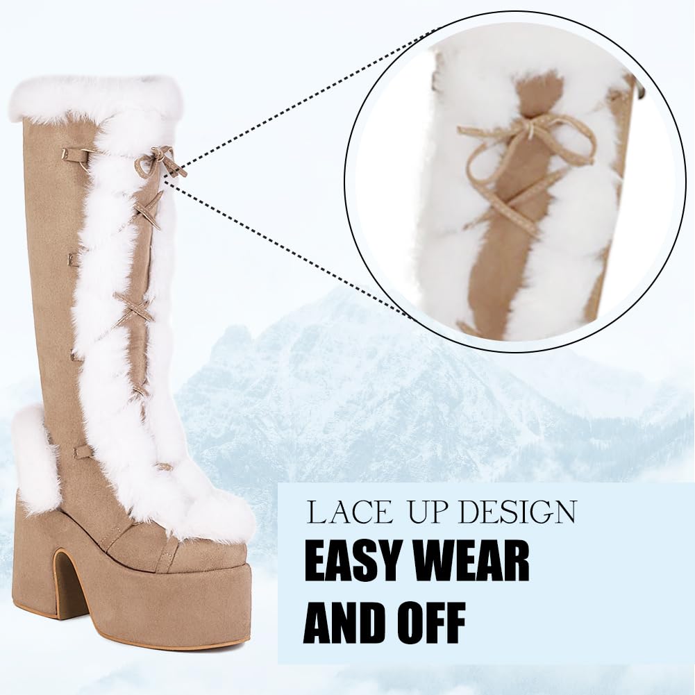 CELNEPHO Knee High Boots For Womens Side Zipper Warm Faux Fur Platform Chunky Heel Punk Goth Walking Winter Snow Boots: 5.5 A-apricot