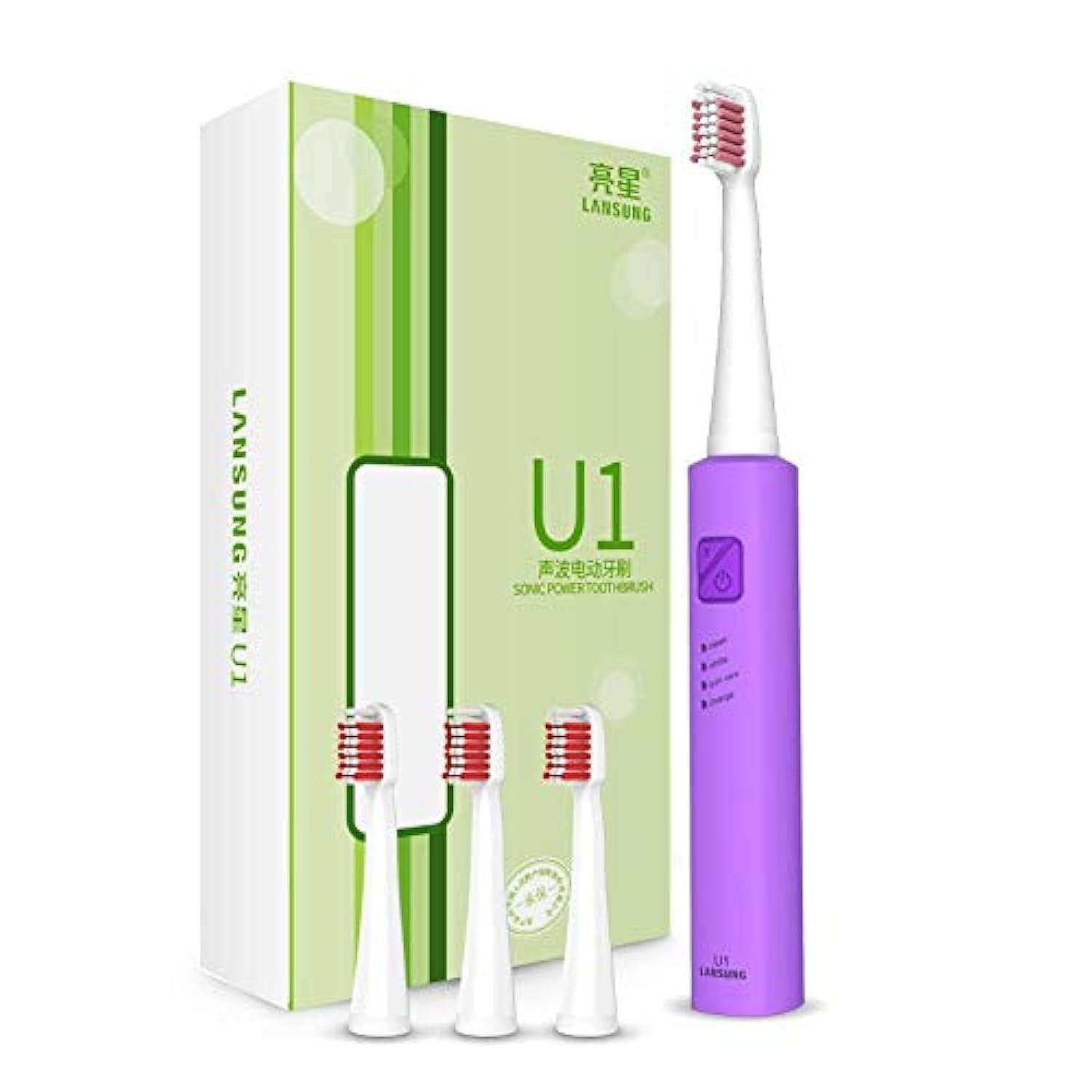 LANSUNG Sonic Power Rechargeable Toothbrush with 3Pcs Replaceable Heads Set, Purple