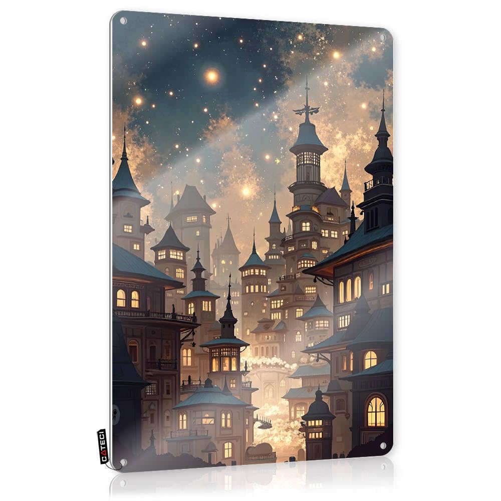 Fzfn Colour Enchanted City Under A Starlit Sky Play Room Decorations Nostalgic - Funny Vintage Signs Essentials Vintage Wall Art(20X30cm)