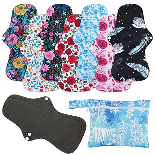 Image of PHOGARY Reusable Menstrual Pads (7 in 1), Bamboo Cloth Pads for Heavy Flow with Wet Bag, Washable Overnight Cloth Panty Liners Period Pad, Large Sanitary Pad Set with Wings for Women
