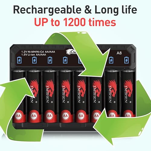 Miniatura 3 de IMREN Baterías AA recargables con cargador, paquete de 8 baterías dobles A de capacidad estándar de 2000 mAh NiMH AA con cargador de batería AA AAA,