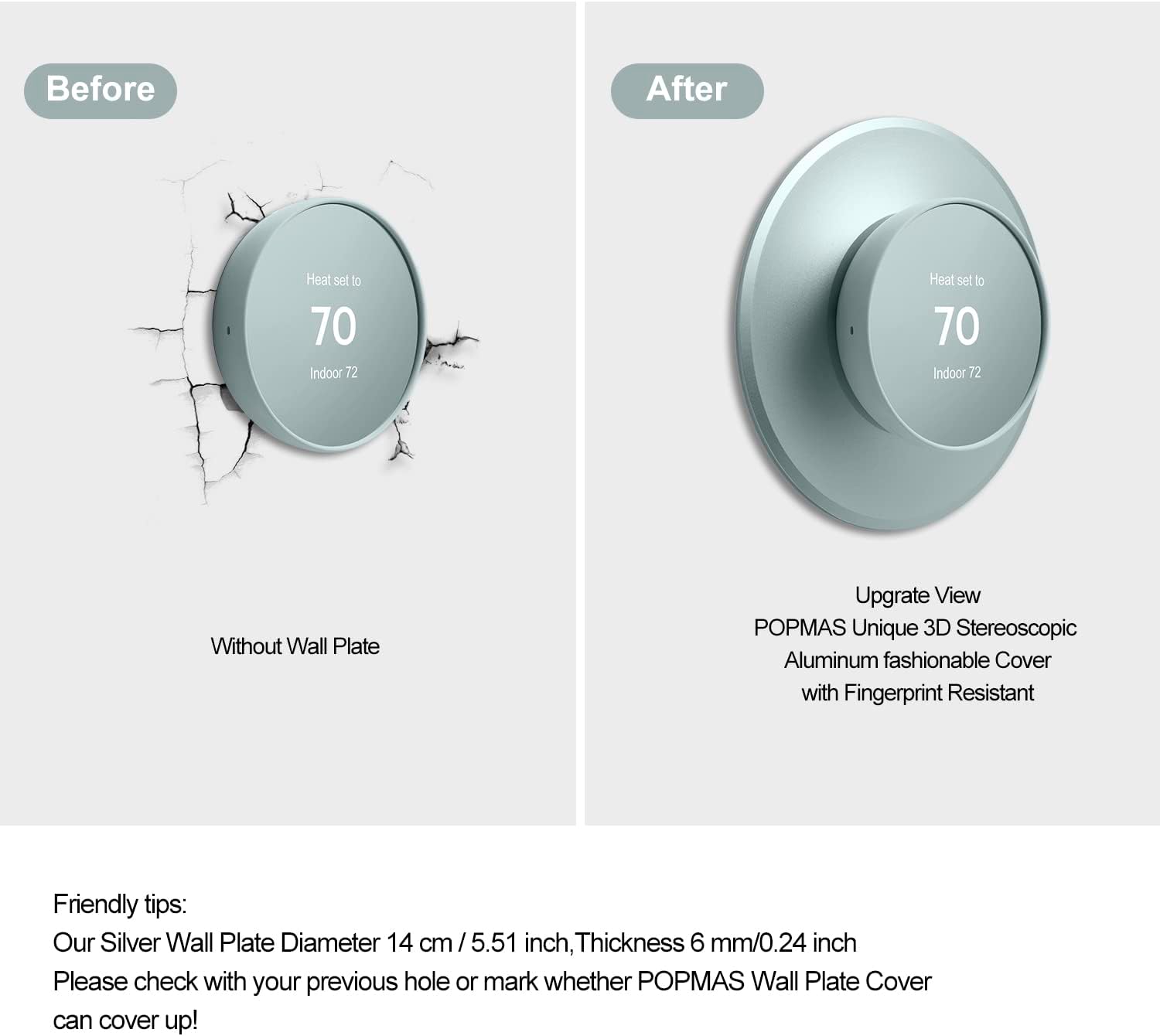 POPMAS Metal Wall Plate Cover Compatible with 2020 New Google Nest Thermostat Kit Thermostat Accessory (Fog)