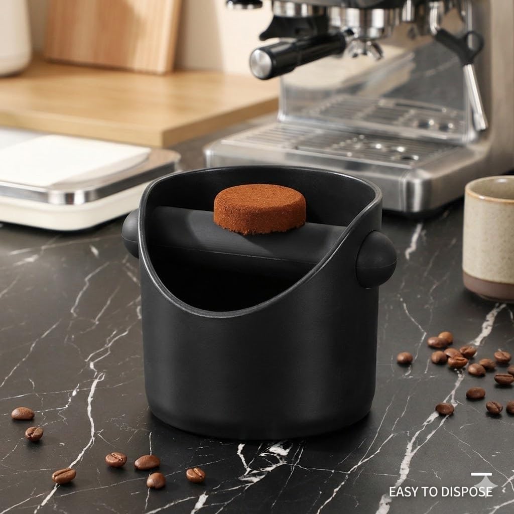 Mini Espresso Knock Box – Shock-Absorbent Coffee Grounds Container with Removable Knock Bar & Non-Slip Base – Compact Barista Dump Bin for Home Coffee Stations, Black (4 Inch)