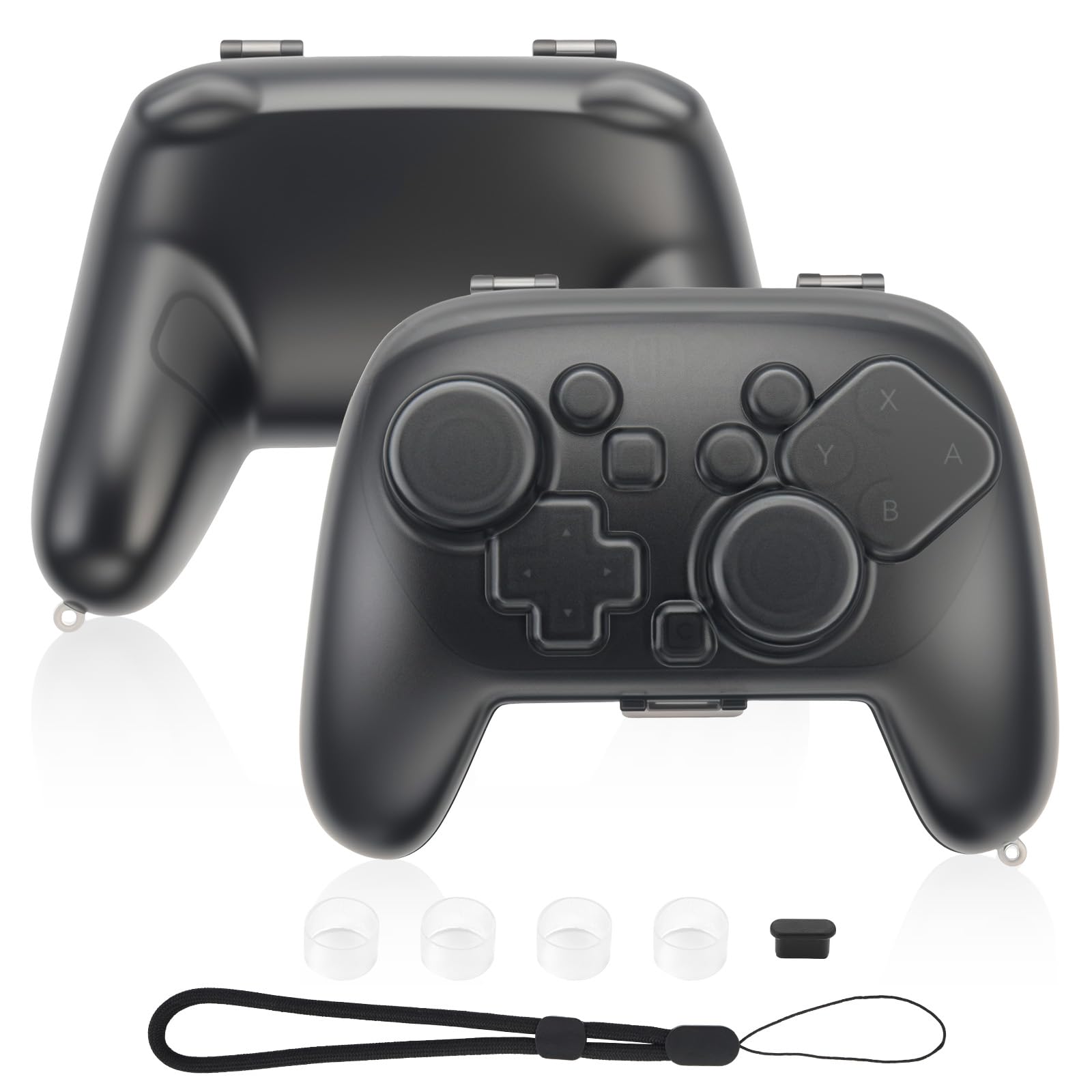 ELUTENG For Switch 2 Pro ケース 半透明ブラック スイッチ 2 プロコン用 保護ケース 衝撃保護 ロック付き PC素材 充電可能 防塵 傷防止 汚れ防止 ストラップホール付き ブラックストラップ+ジョイスティック保護リング4個+Type-C防塵キャップ付属
