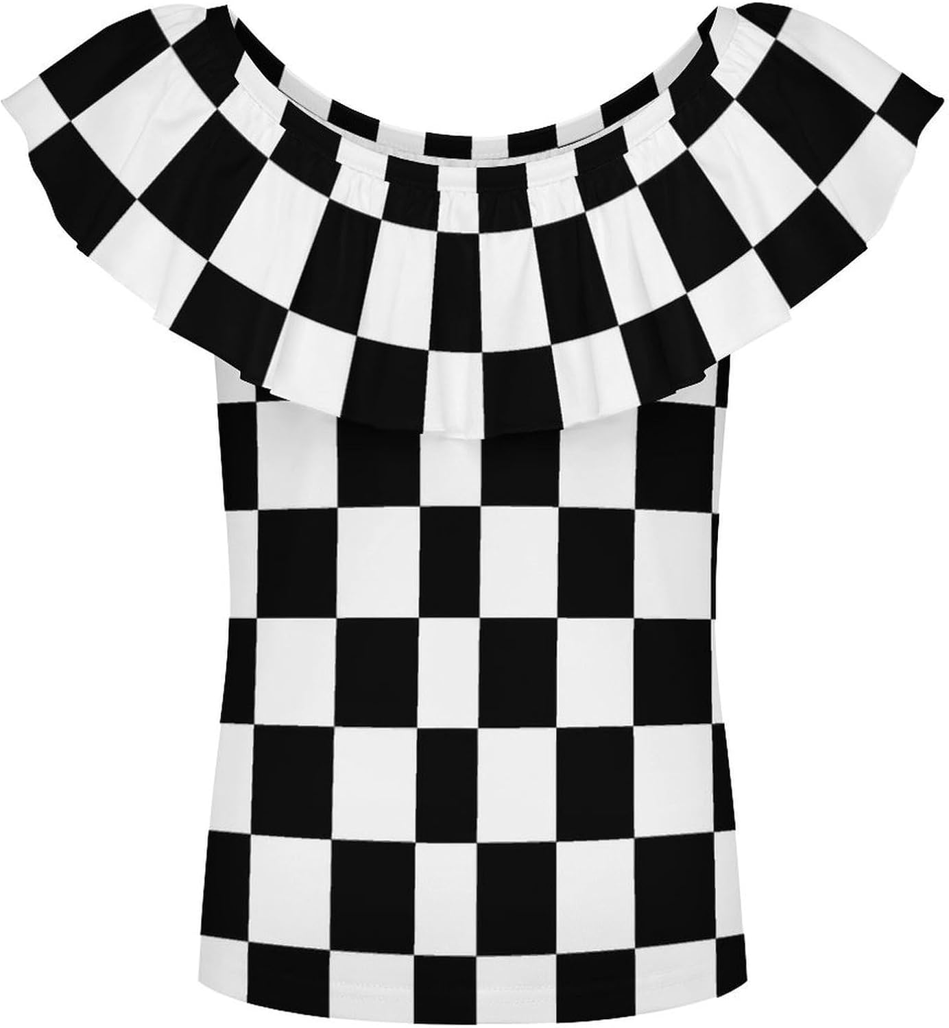 Plaid Black White Checkered Girls T-Shirts Top Ruffle Short Sleeve Blouse Casual Graphic Tees