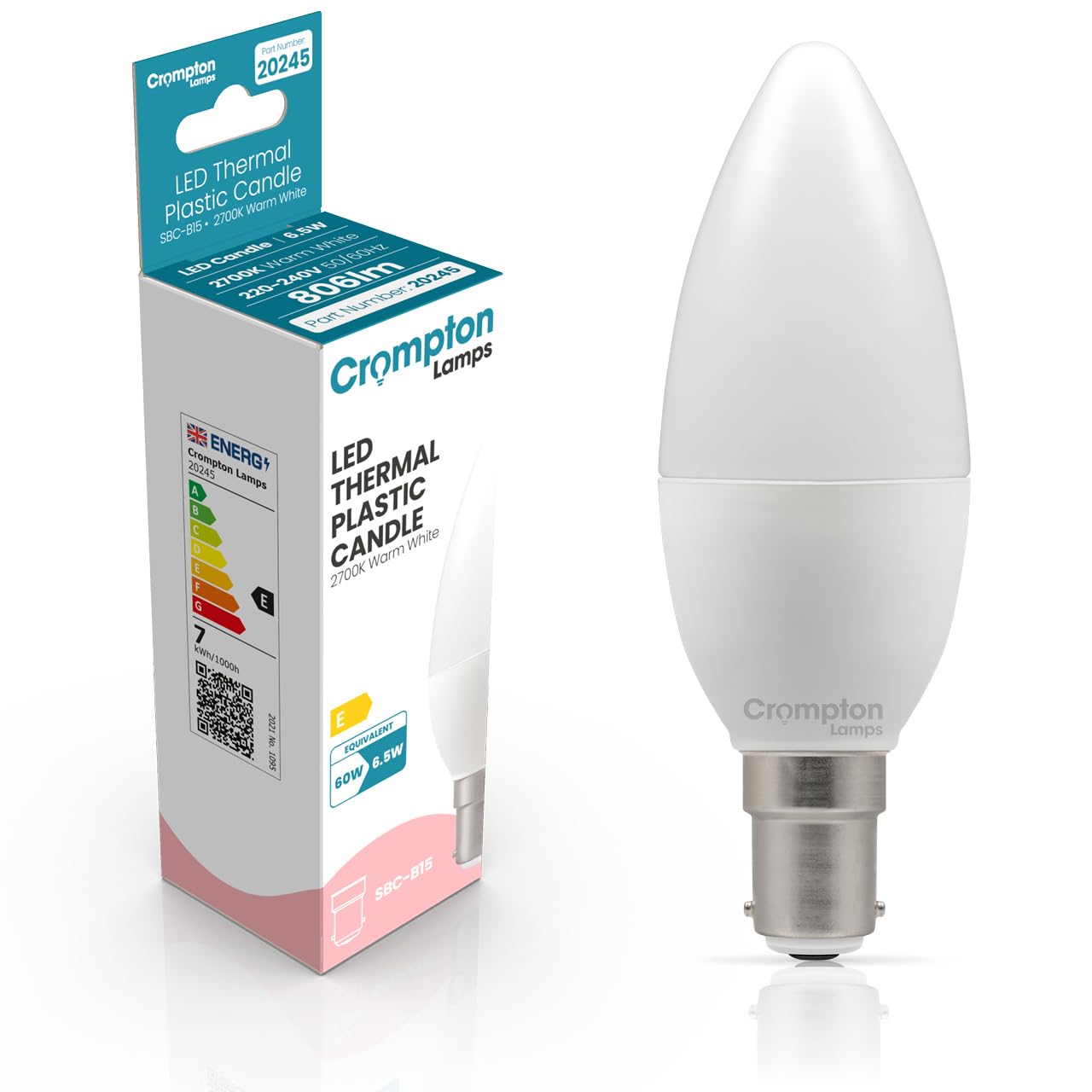 Crompton Lamps Candle LED B15 Bulb | 6.5W = 60W Equivalent | Warm White 2700K | Energy Efficient | Small Bayonet Lightbulb | Long Life 15,000-Hrs | Dimmable Bulbs for Lamps
