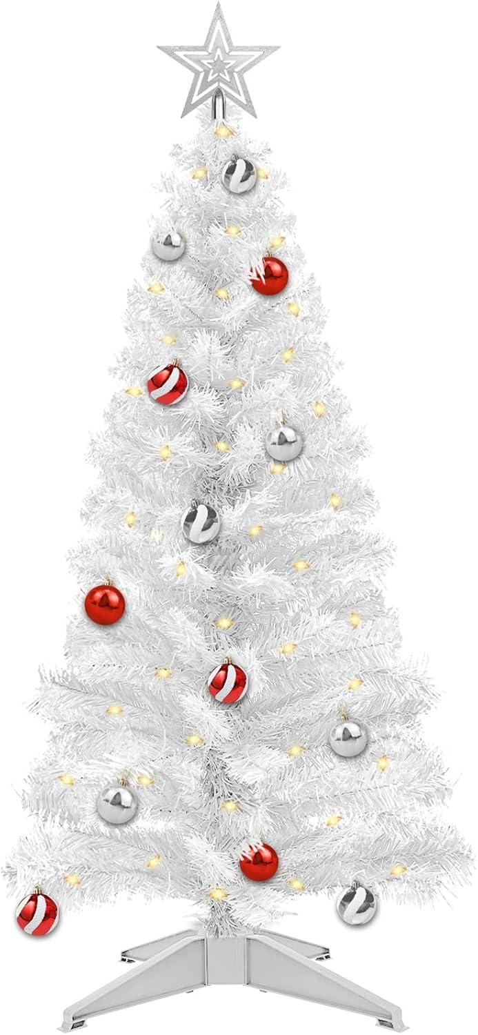 4 Ft Lighted Mini Artificial White Christmas Tree with Timer Remote Control 8 Mode 100 Warm White Light 18 DIY Ball Ornaments 3D Star Battery Operated Small Xmas Tree Table Indoor Holiday Decor