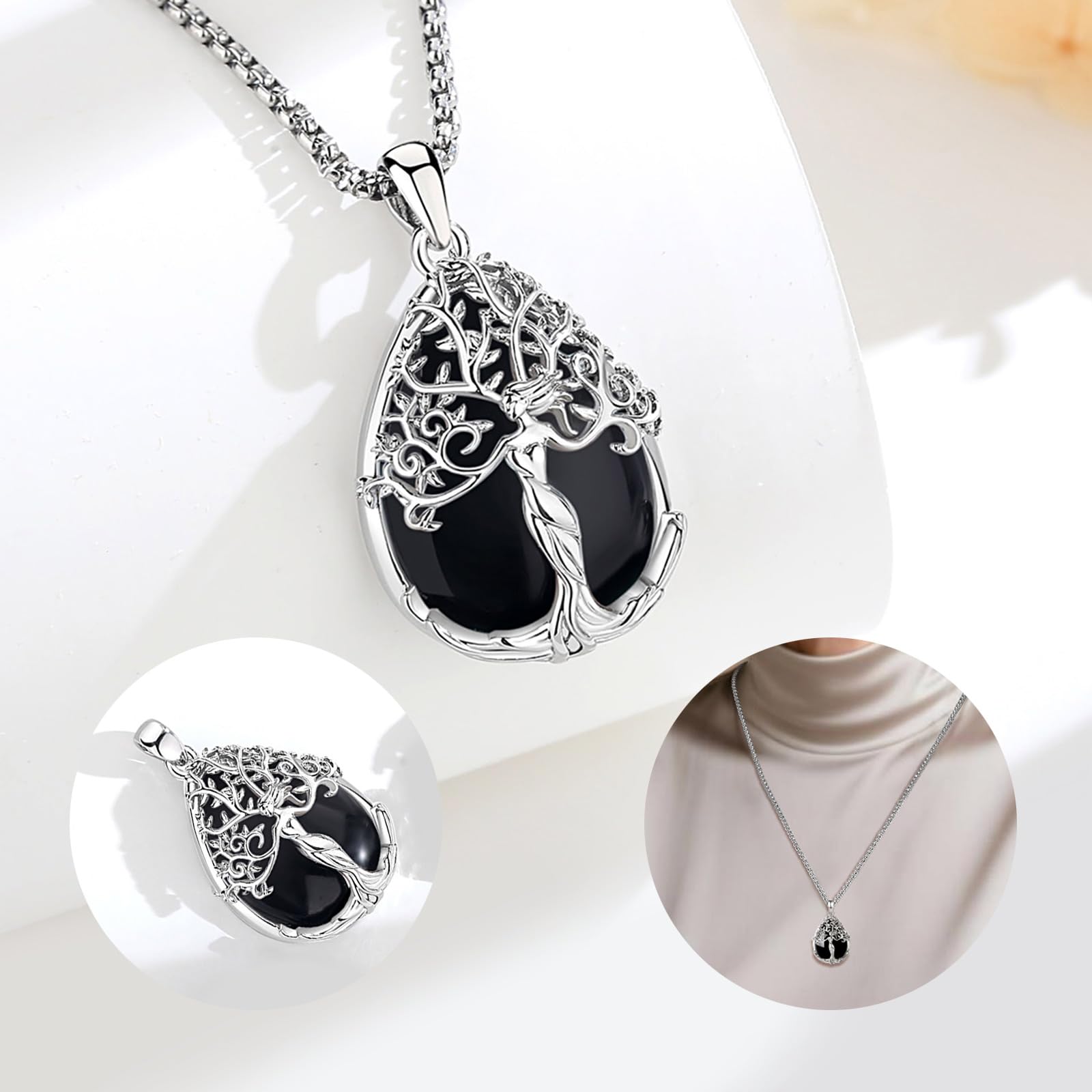 CELESTIA Ciondolo Albero della Vita Collana Donna con Ametista Ossidiana Pietra di Luna Regalo Compleanno, Festa della Mamma