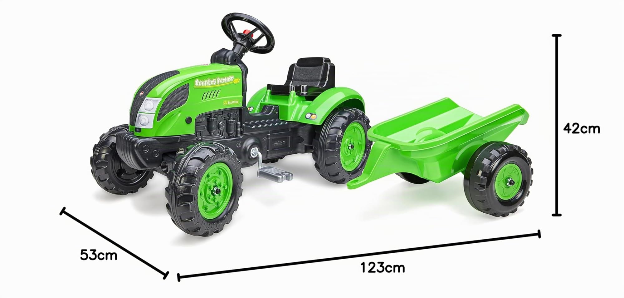 Falk Tractor de Pedales Country Farmer Verde con Remolque-a Partir de 2 años-Fabricado en Francia-Placa de matrícula Personalizable-Volante Direccional con Bocina 2057L, 2057L