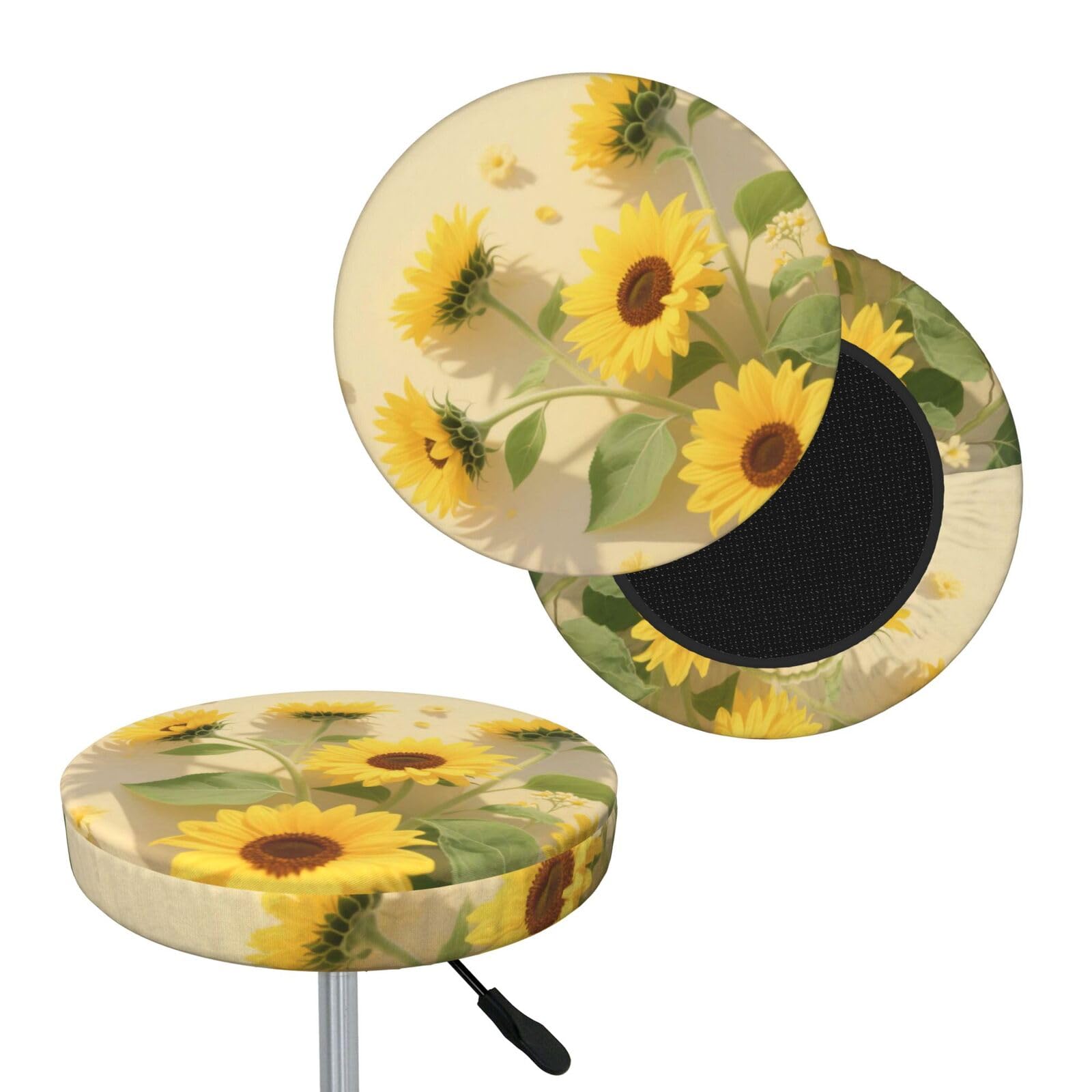 FekiLoot Sunflower Leaf Round Bar Stool Covers Stretch Washable Bar Stool Covers Dustproof Slipcover Bar Chair Covers with Elastic Band for Bar Kitchen Living Room Decor 12 Inch