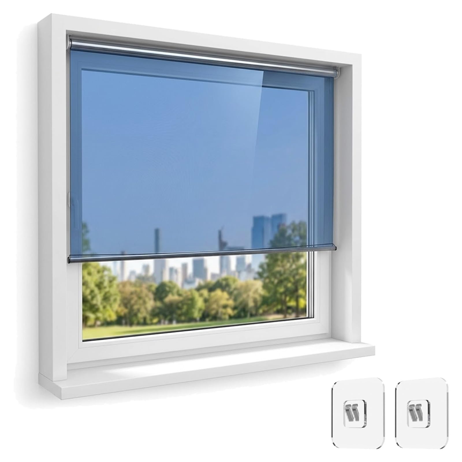 Store Enrouleur Anti Chaleur sans Perçage, Store Occultant Thermique pour Fenêtre Balcon, Protection Solaire Intimité de Jour, Rideau Miroir sans Tain sans Cordon(Bleu,W90xH150cm)
