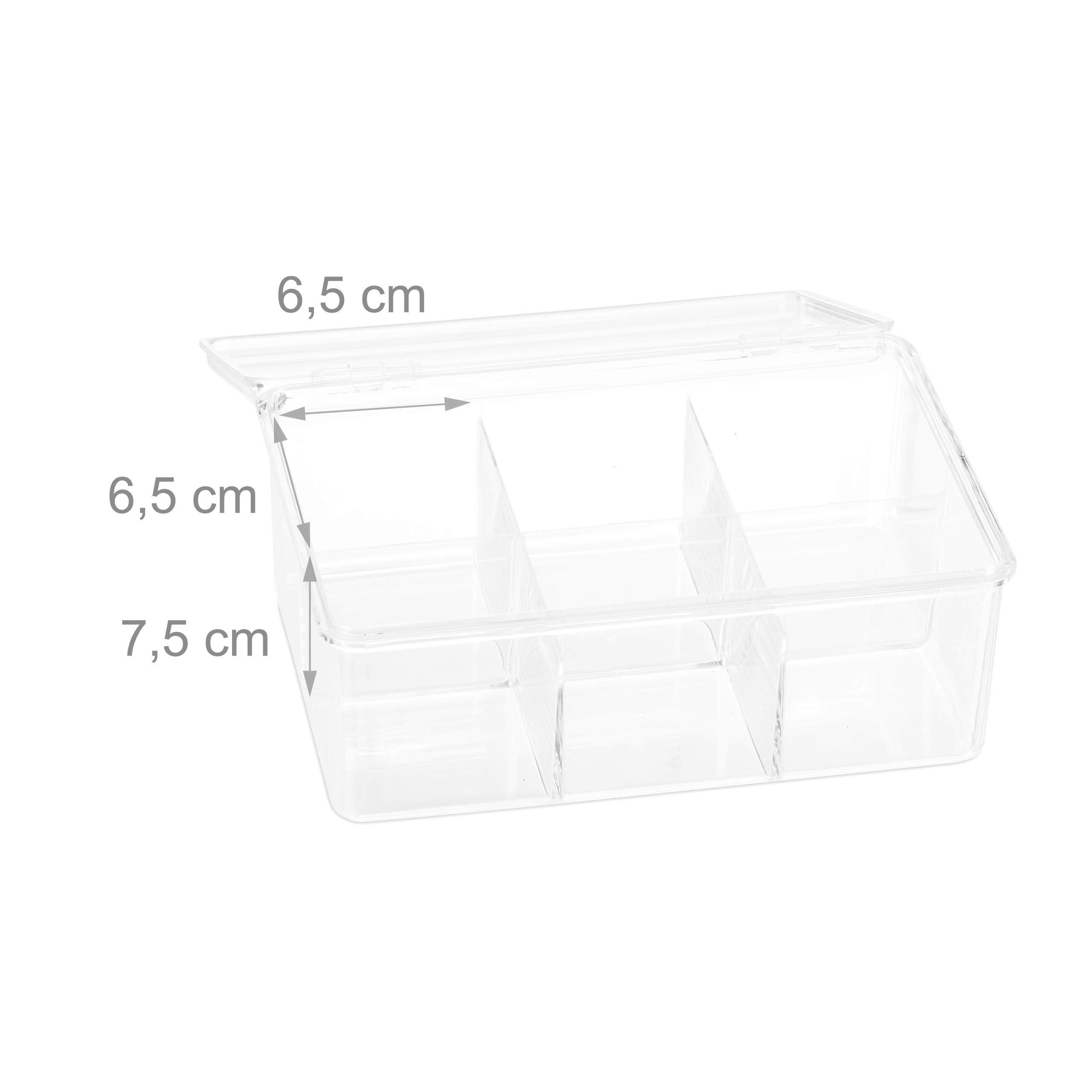 Relaxdays 8 Cajas para Té e Infusiones, 6 Compartimentos, Bote Para 90 Bolsitas, Tapa Abatible, 9 x 21,5 x 14,5 cm, Transparente