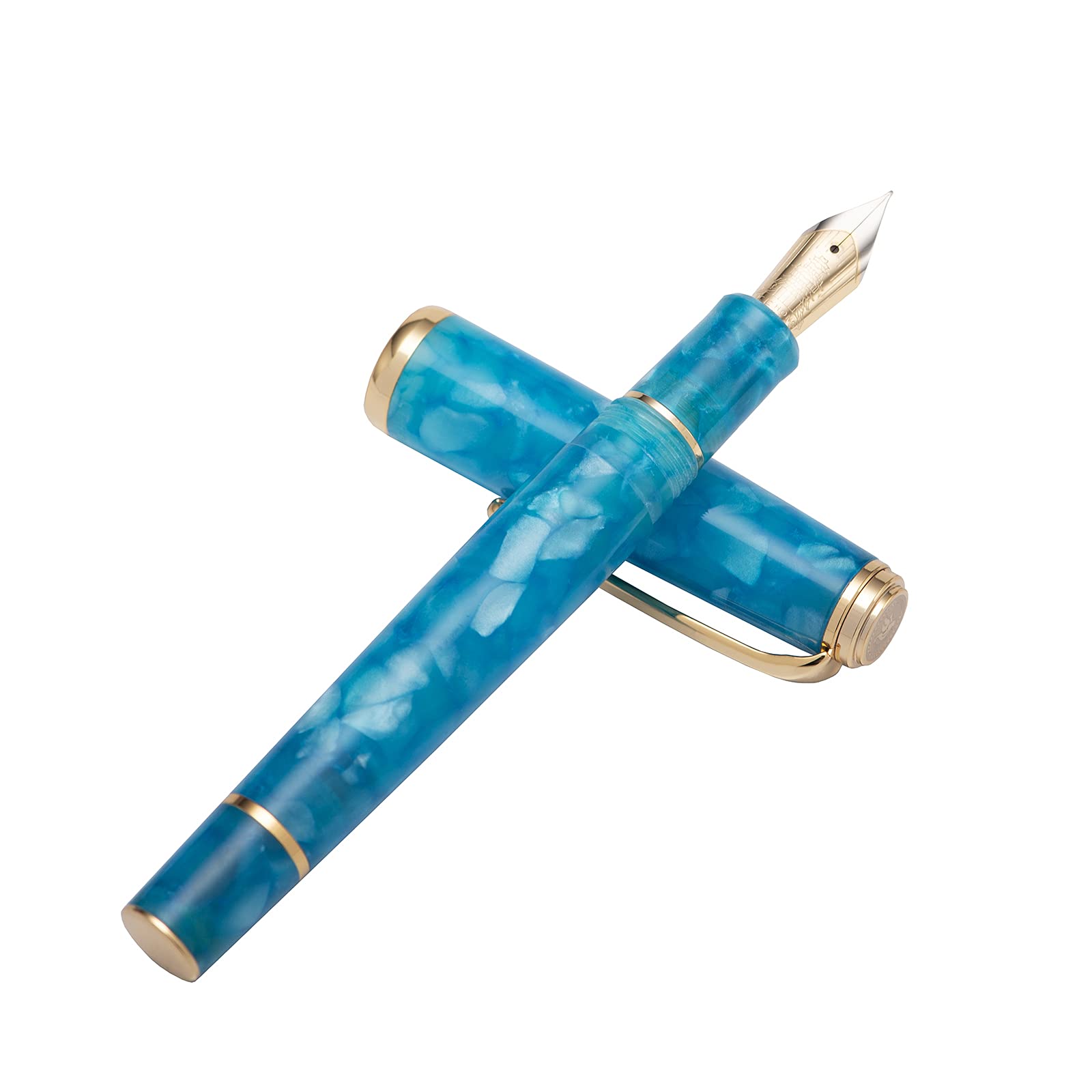 Stylo Plume Collection Marbre Bleu Avec Rose Des Vents - Plume Argentée - Neuf Jamais Encré