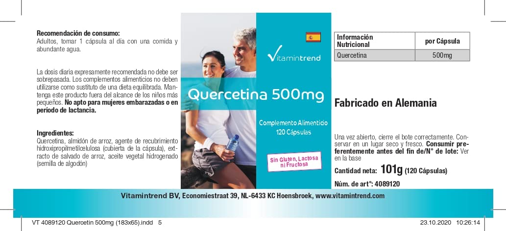 Vitamintrend Quercétine 500 mg, 120 gélules, hautement dosé, complément alimentaire végan sans stéarate de magnésium, fabriqué en Allemagne