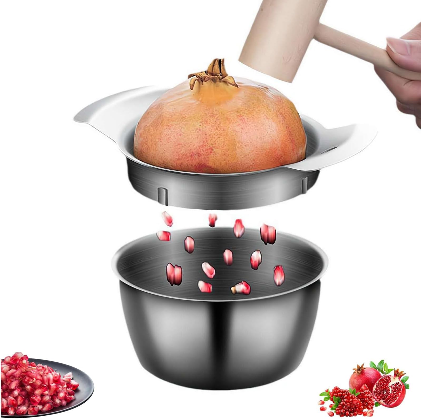 Pomegranate Peeler,Stainless Steel Pomegranate Deseeder Peeling Tool,with Bowl and Wooden Hammer,Pomegranate Seeder Non-Slip Pomegranate Arils Removal Tool,Pomegranate Seed Remover,Kitchen Gadget