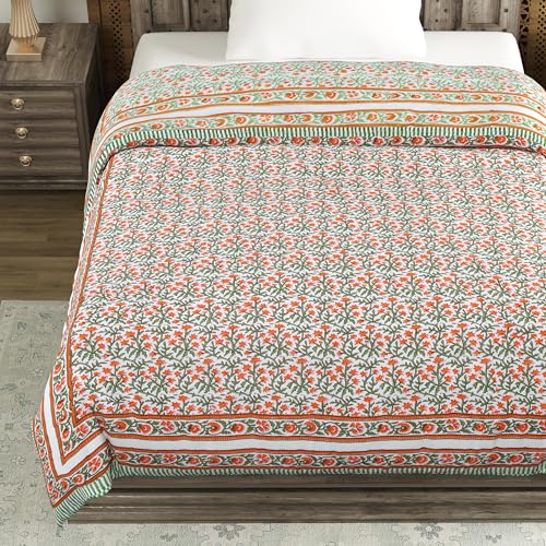 Image of BLOCKS OF INDIA Cotton Single Size Quilt Hand Block Print for Light Winters (60x90 Inches) (Green RED JAAL)-300 TC