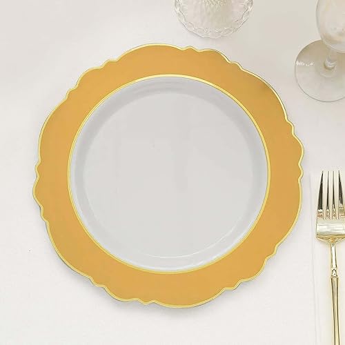 Efavormart - Paquete de 10 platos de fiesta de plástico dorado y blanco de 10 pulgadas con diseño de flores redondas, platos llanos desechables con