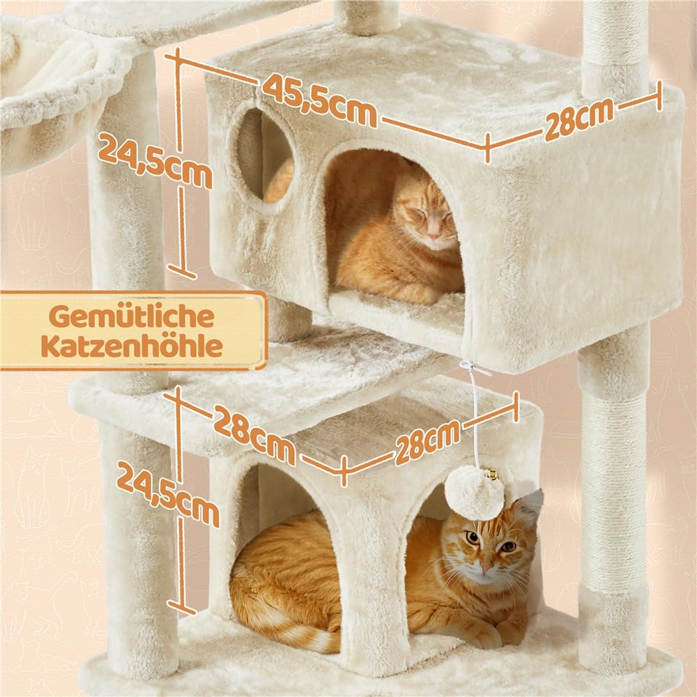 Yaheetech 145 cm Kratzbaum groß Katzenbaum mit Kratzbrett & Korb beige | FSC-zertifizierte Spanplatten | Mehrere Kratzsäulen auf jeder Ebene & zusätzliches Kratzbrett | mit Kippsicherung | Stabil