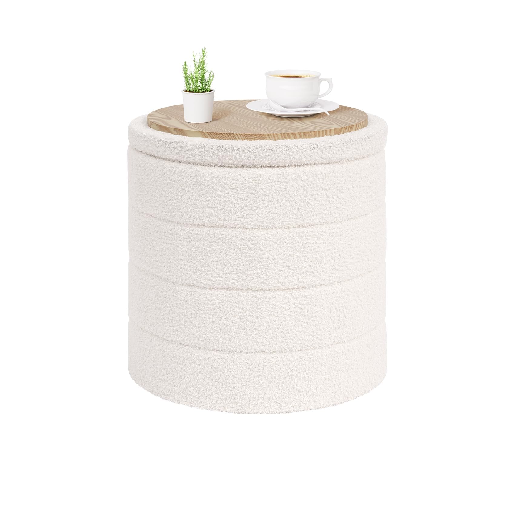 PINPLUS Round Ottoman Storage Box in Boucle Fabric, Padded Convertible Coffee Table & Folding Footstool for Living Room, Bedroom, 43×43×45 cm, Cream White