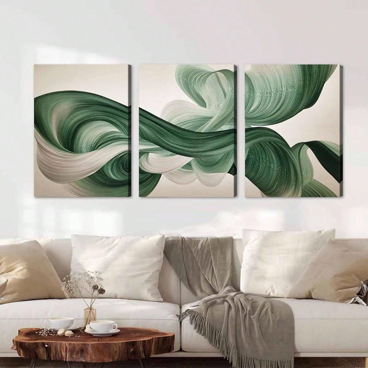 3 lienzos decorativos abstractos con remolinos verdes y blancos para la decoración de habitaciones (50x70cm x 3 / Sin marco)