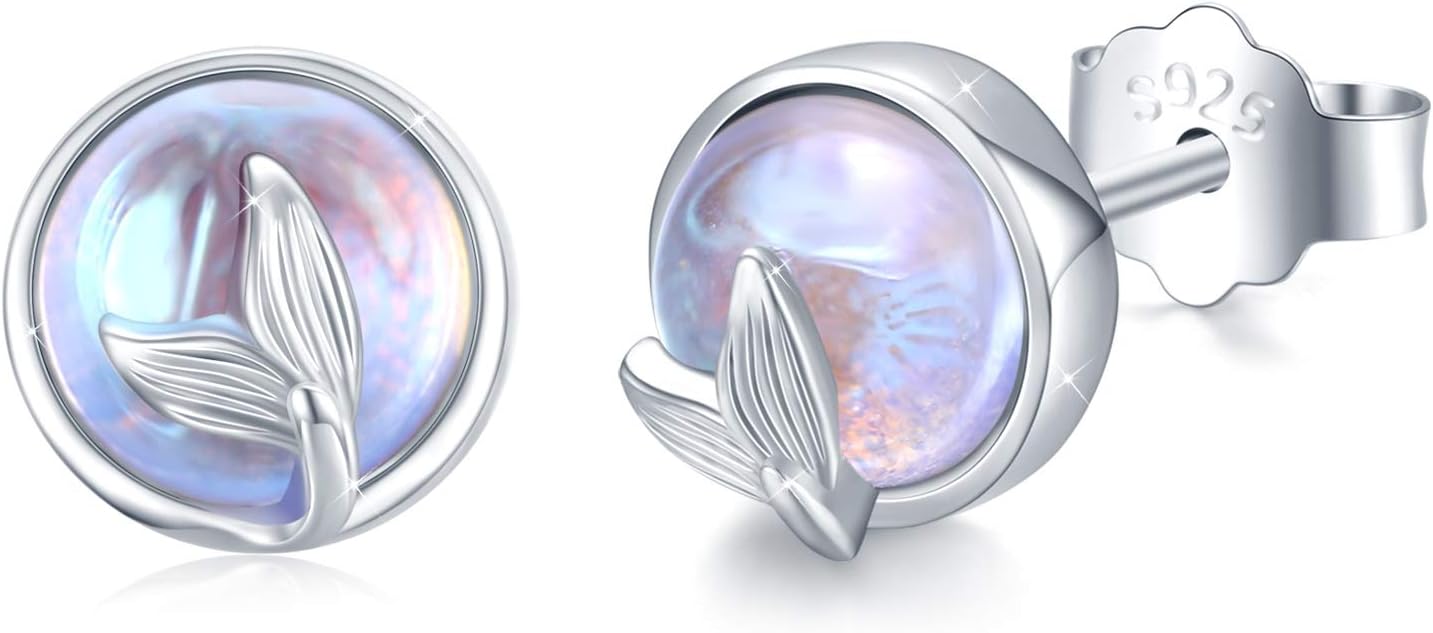 MEDWISE Mermaid Tail Moonstone Stud Earrings Jewelry Gifts 925 Sterling Silver Ocean Sea Whale’s Tail Earrings Moonstone Fishtail Stud Earrings for Women Ladies Girrls