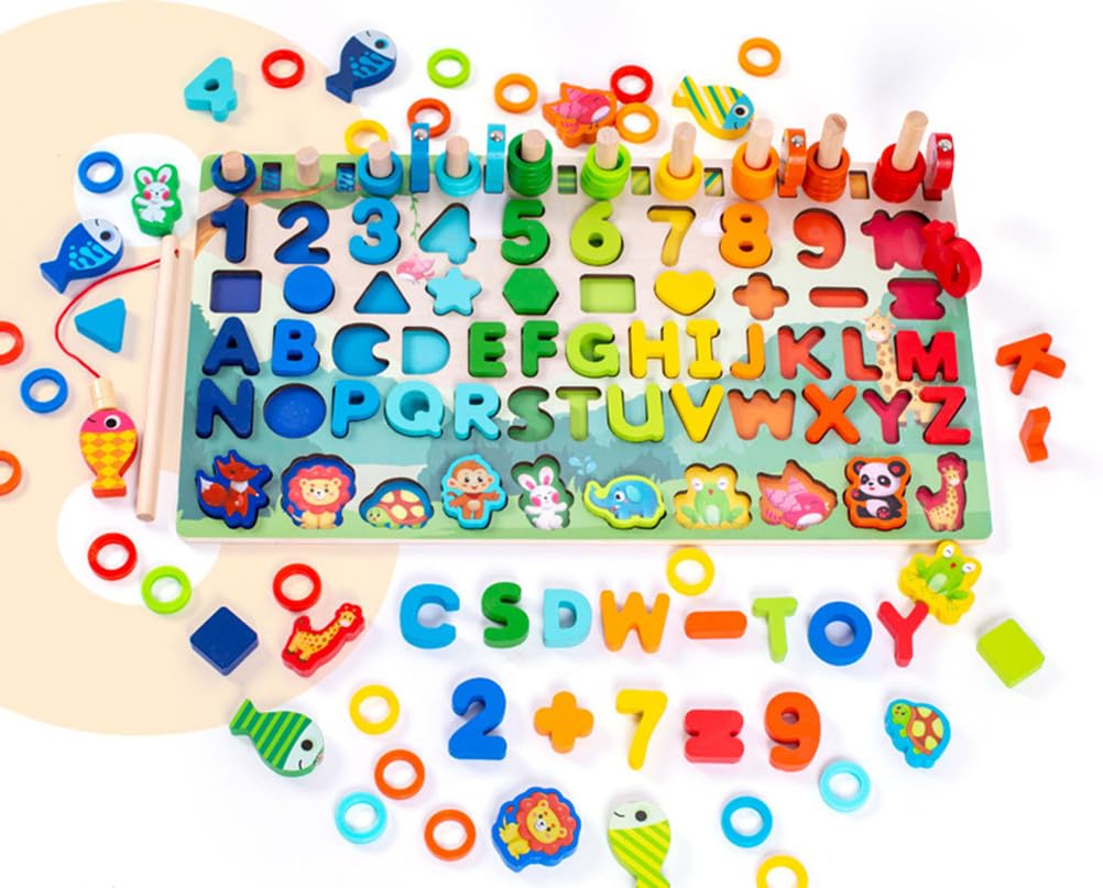 Montessori Wielofunkcyjne Drewniane Puzzle do Liczenia i Sortowania z Grą Wędkarską, Prezenty dla Chłopców i Dziewczynek
