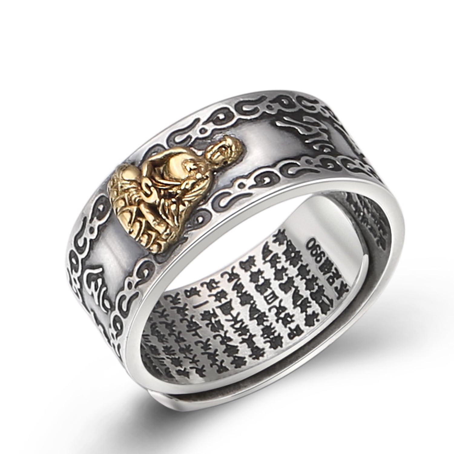Anello Mantra Buddha argento sterling 990 Anelli Feng Shui ricchezza Gioielli religiosi buddisti fortunati Anello aperto regolabile