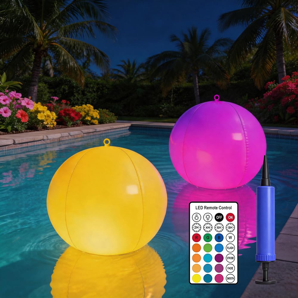2 Piezas Luces Flotantes Piscina Solares, 34cm Inflables Bolas Luces solares Piscina, 16 RGB Luces Flotantes Piscina con Mando a Distancia, Impermeables Bolas de Luz LED para Piscina, Jardin