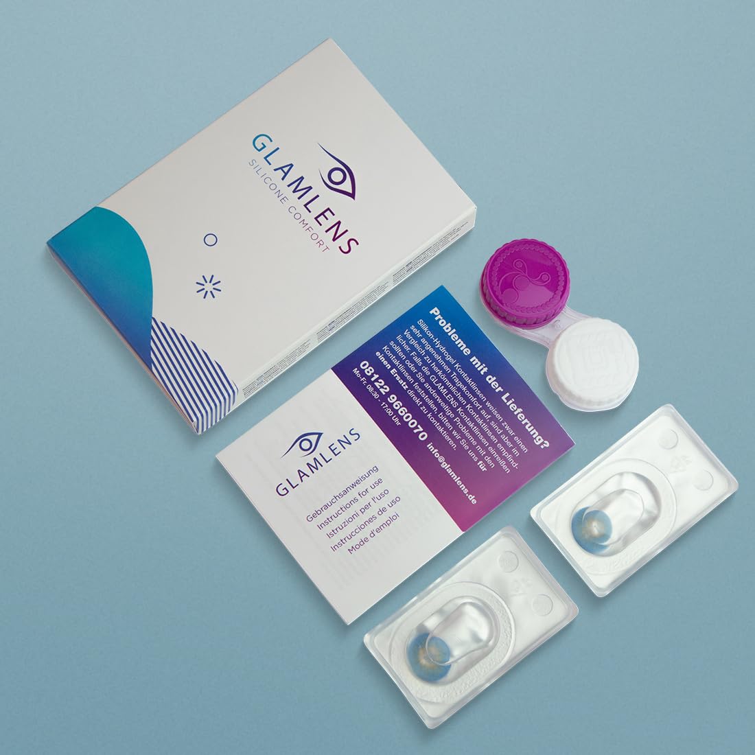 GLAMLENS lentillas de color - Azul (Catania N Blue) + contenedor. 1 par (2 piezas) 90 Días Sin Graduación 0.00 dioptrías blandos Lentes de contacto azules de hidrogel de silicona