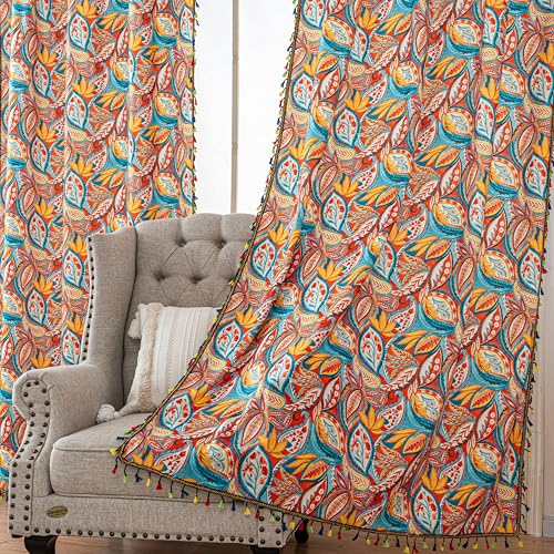 Image of Boho Paisley Curtains 84 Inches Long, Orange Blue Light Filtering Rod Pocket Drapes with Tassel Trim for Bedroom Living Room, 2 Panels