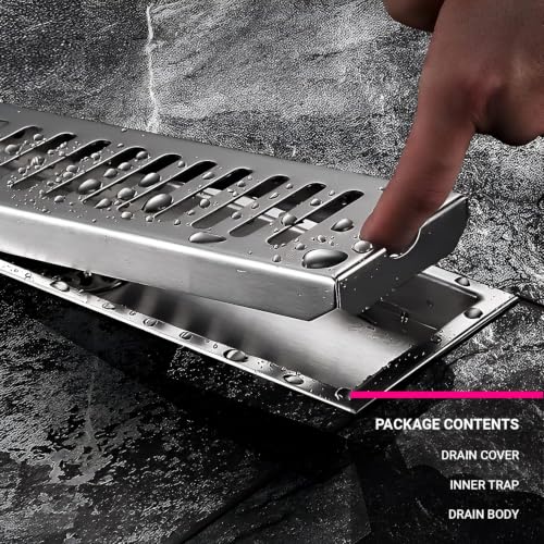 Image of Shower Drain Channel 12 x 4 Inch Vertical Outlet 304 Stainless Steel Floor Drain Jali with Collar Heavy Duty Water Drain Channel for Bathroom Side Hole
