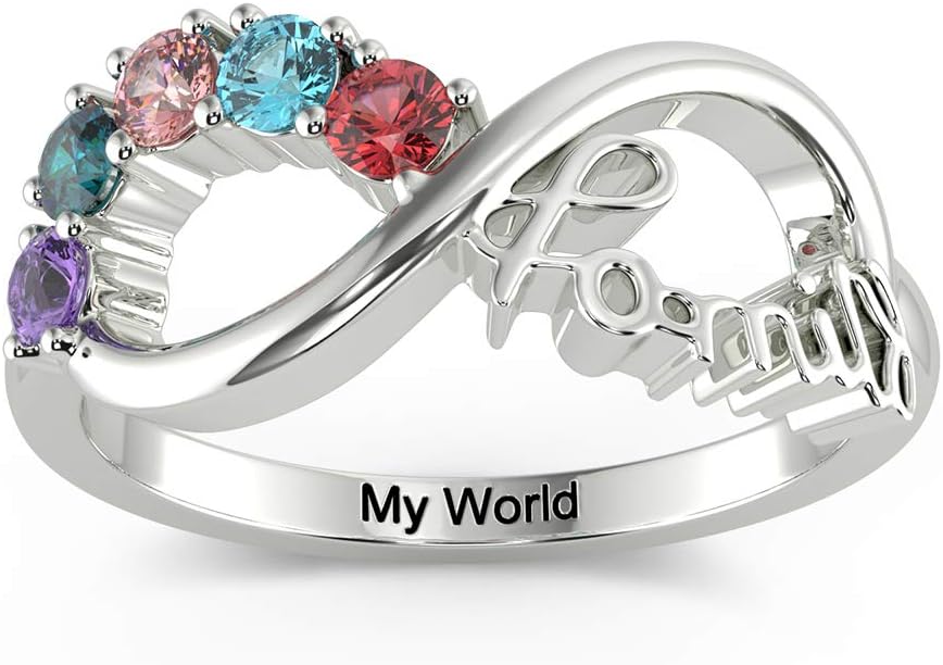 Lovejewelry Personalized Sterling Silver Infinity Mothers Rings with 5 Simulated Birthstones Names Family Women Promise Rings for Her
