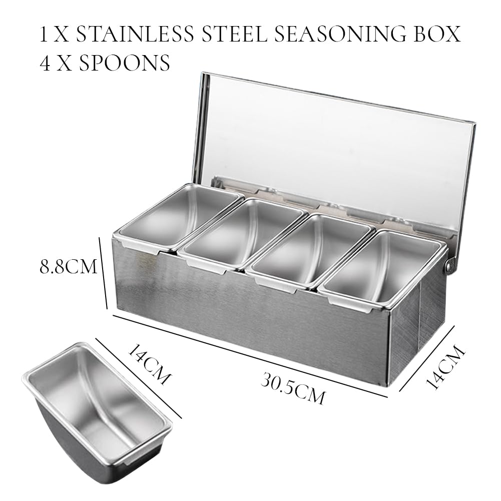 Glomora Chilled Condiment Server, Spice Container with Lids and Spoons, 4 Compartment Trays Large Capacity Storage Seasoning Case for Kitchen for Home Work Restaurant