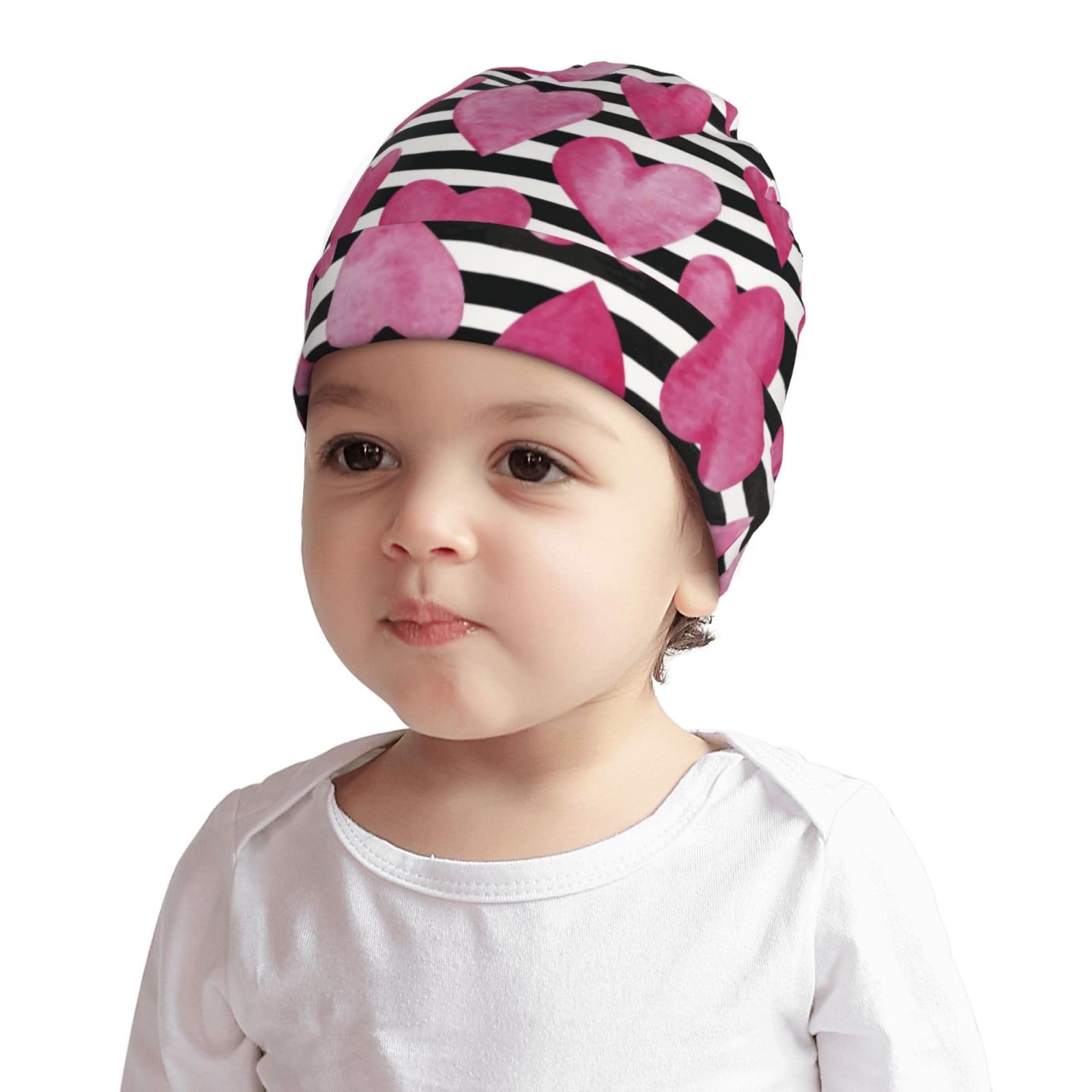 Rqzwdq Heart Stripes Pattern Kids Beanie Hats Warm Knit Beanie Cap Skull Caps Gifts Decor for Boys Girls White