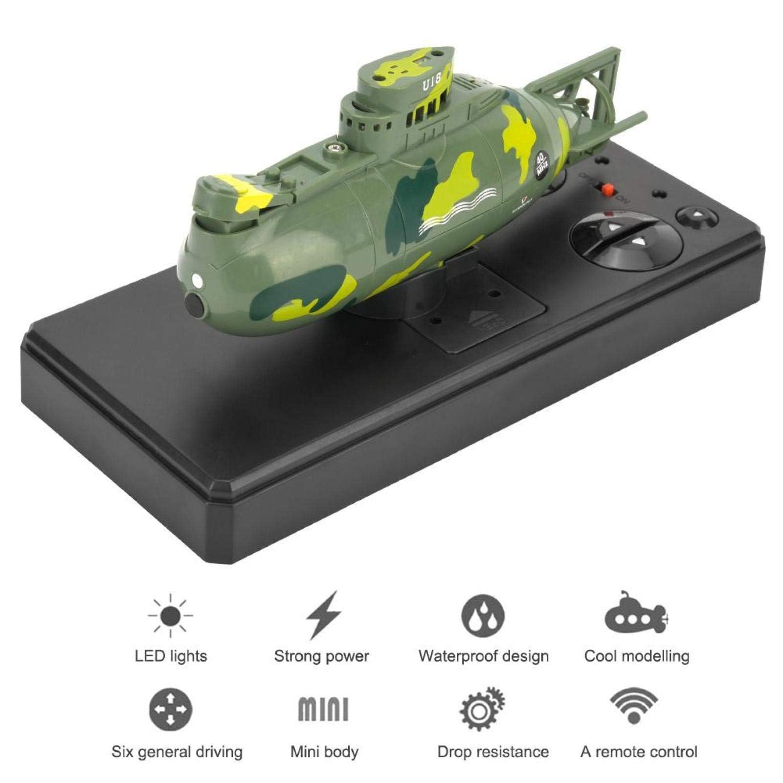 Tbest Juguete Submarino RC, Mini simulación de Control Remoto Militar Modelo de Juguete Submarino de 6 Canales(Verde)