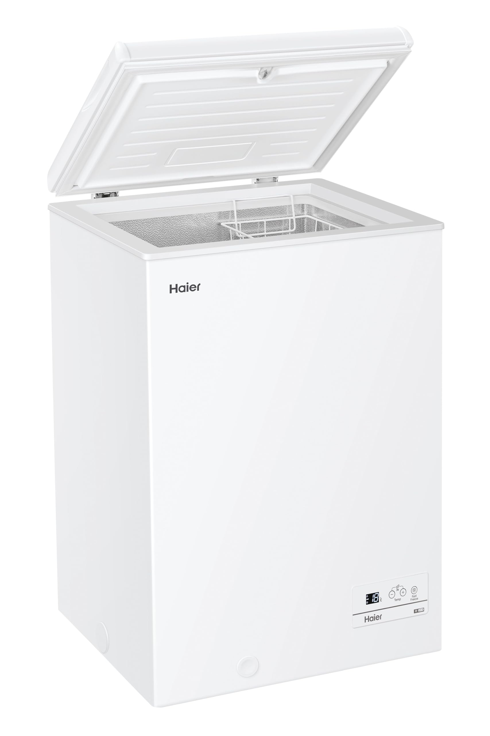 Haier Chest Serie 3, Congelatore a Pozzetto 97L, Classe E, Congelamento Rapido, Display, 84,5x54,5x49 cm (AxLxP), Freezer Statico Compatto, HCE100E - Bianco