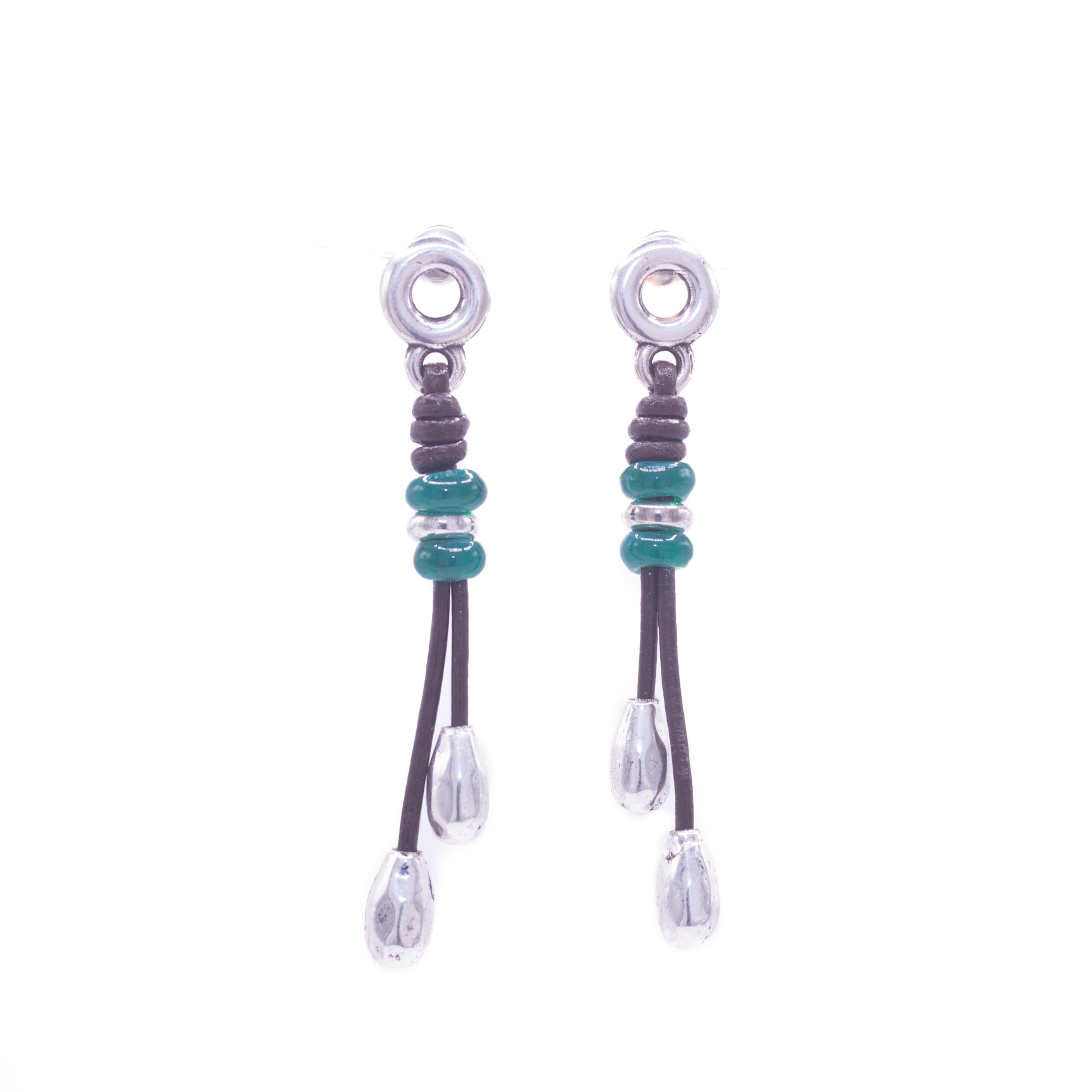 NILUXE DESIGN Pendientes mujer plata - Pendientes de cuero estilo boho hippie - Pendientes largos mujer colgantes y cristal checo de colores - Pendientes regalos para mujer (Verde oscuro)