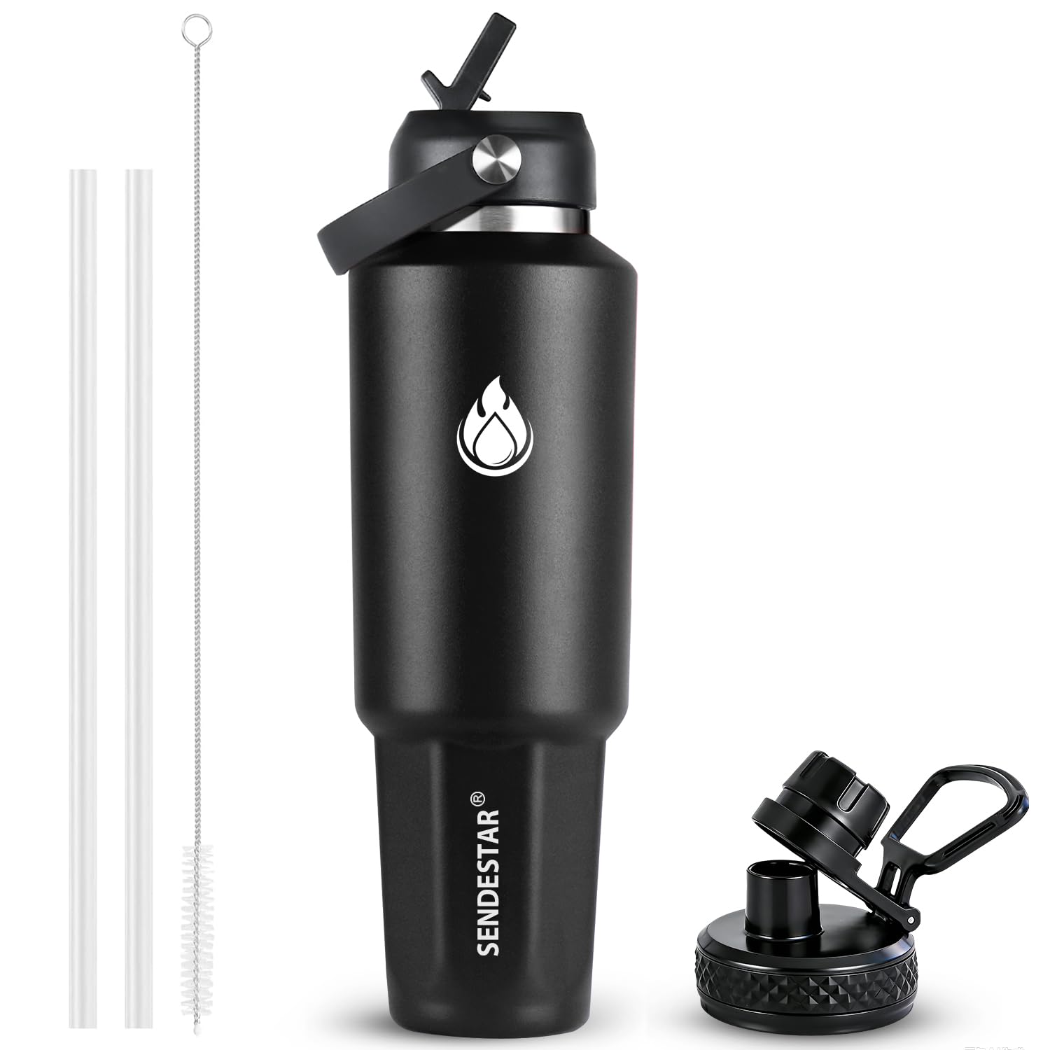SENDESTAR 40 oz Insulated Water Bottle with Straw Fit Car Cup Holder | Wide Mouth Stainless Steel Metal Flask with Spout Lid (Cold 24H), Double Wall Vacuum Travel Cup for Mens,Driving, Sports, Gym